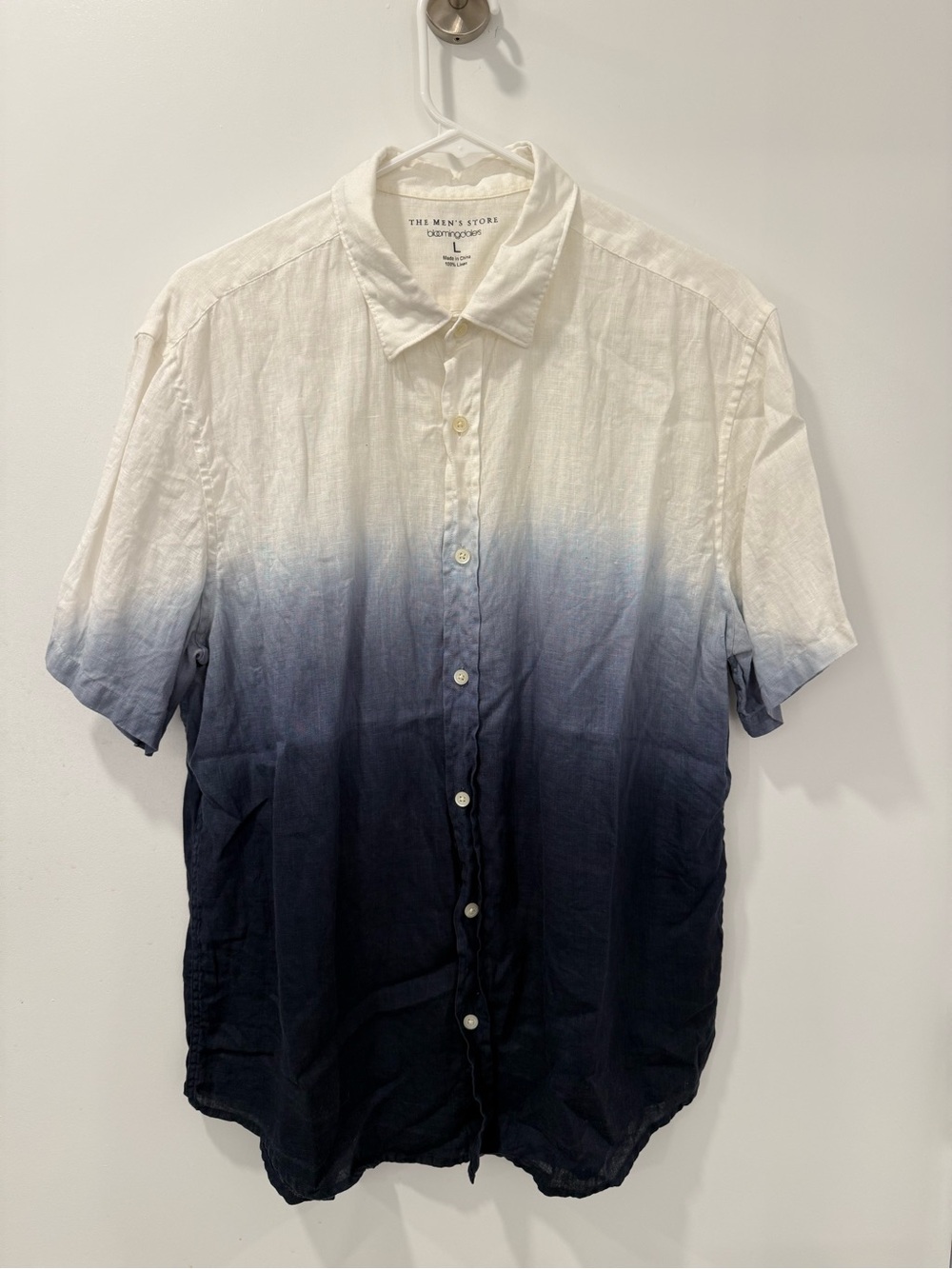 Bloomingdale's White to Navy Ombre Linen Short Sleeve Button-Down Shirt